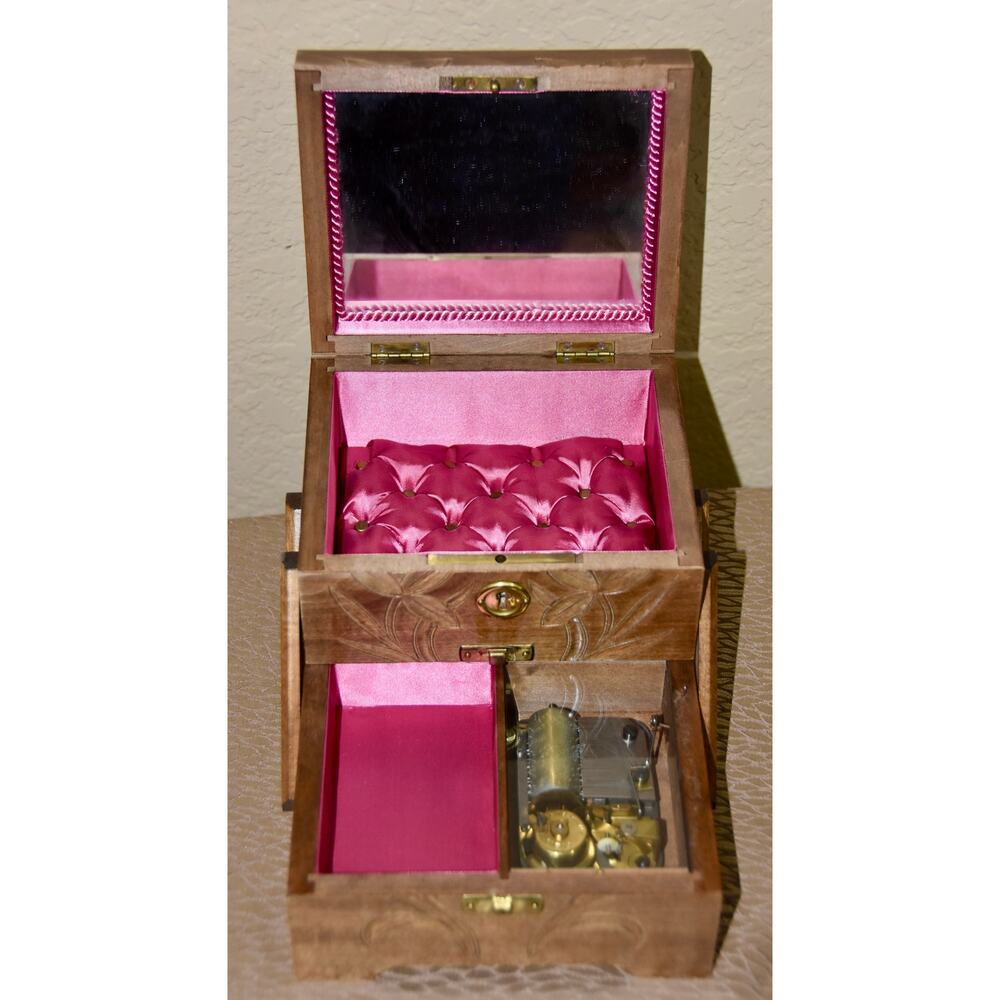 Wooden Jewelry Music Box with Pink Satin Lining